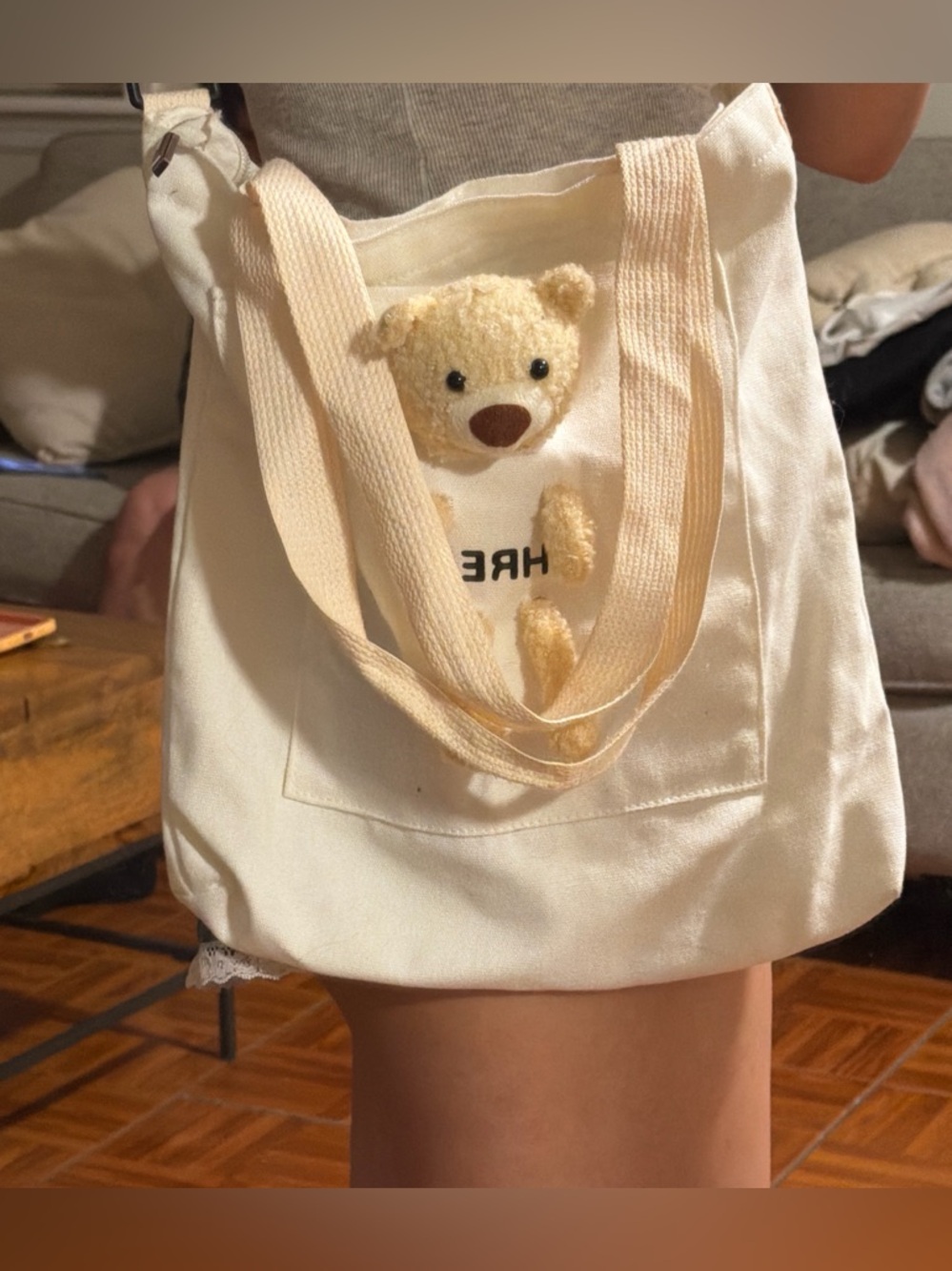 Kids Cream Teddy Front-Pocket Canvas Tote Bag